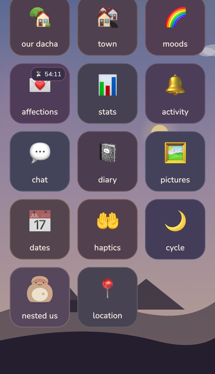 The Our Dacha home screen — a dashboard of cozy tiles: our dacha, town, moods, affections, stats, activity, chat, diary, pictures, dates, haptics, cycle, nested us, and location
