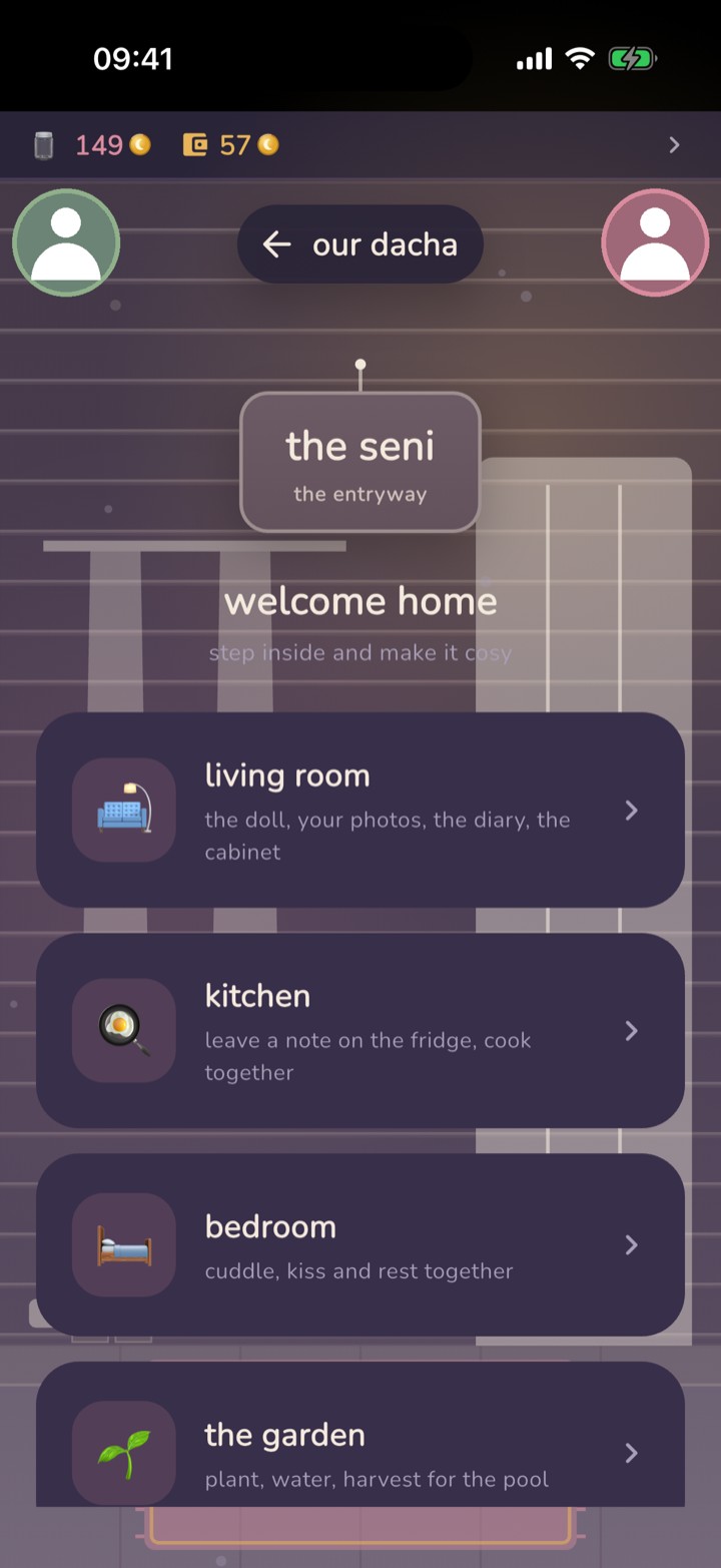 The seni — the dacha's entryway, where you choose a room: living room, kitchen, bedroom, or the garden