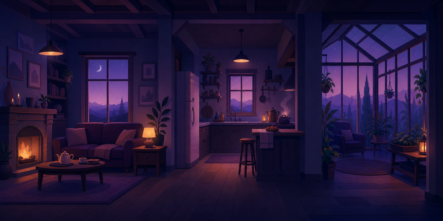 Inside the dacha at night: a hearth and sofa, a kitchen with a steaming kettle, and a glass conservatory open to dusk mountains